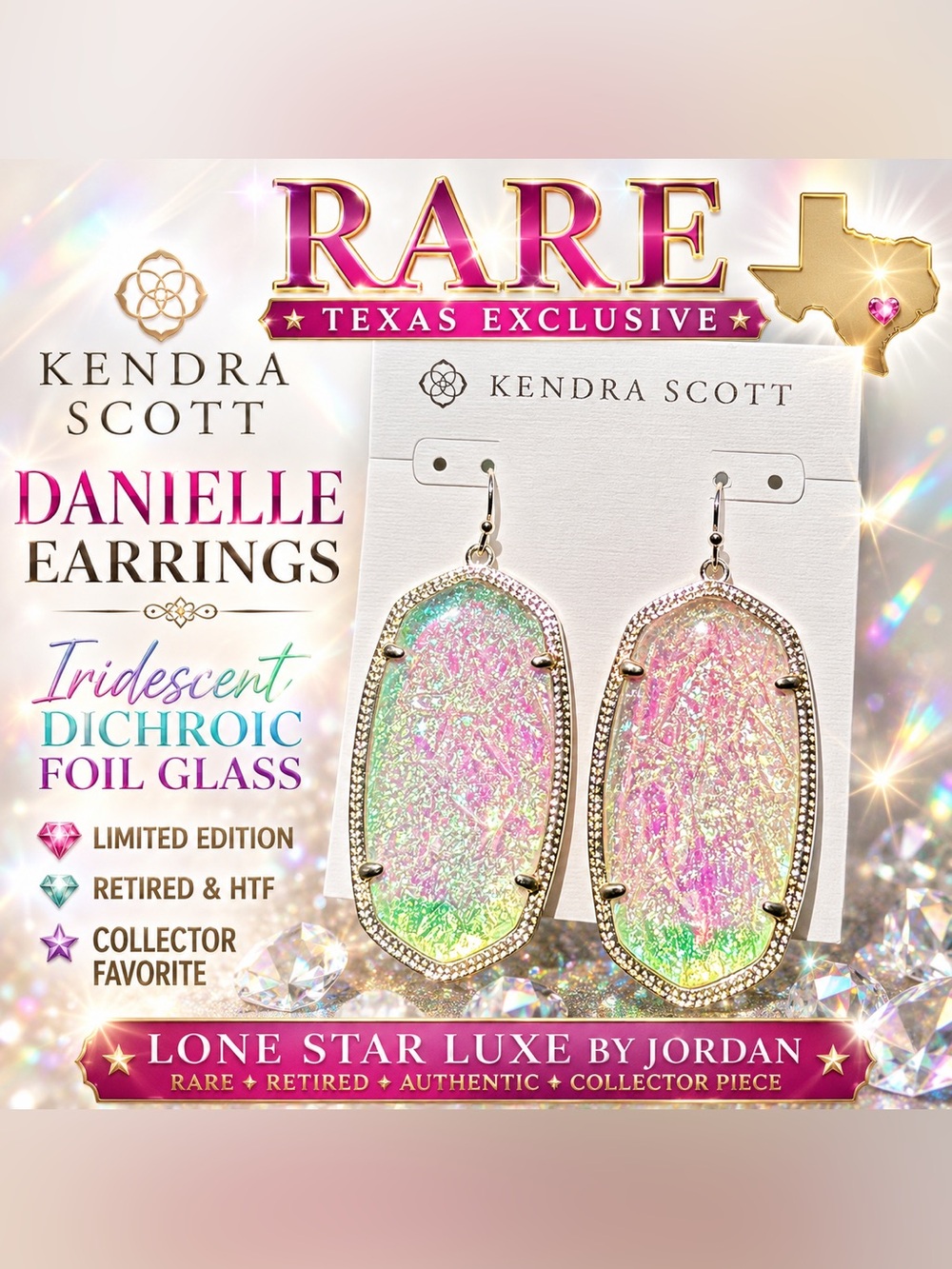 Kendra Scott Danielle Earrings -Iridescent Dichroic Foil-Retired Texas Exclusive